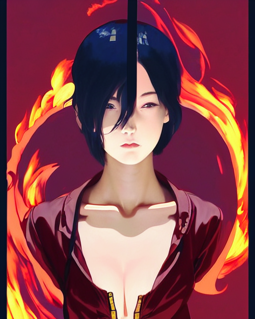 prompthunt: fireman, covered in beautiful flames | | very very anime!!!,  fine - face, audrey plaza, realistic shaded perfect face, fine details.  anime. realistic shaded lighting poster by ilya kuvshinov katsuhiro otomo
