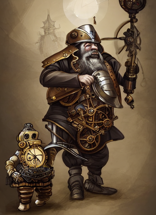 prompthunt: an old dwarf musketeer and his large clockwork robot companion,  musket, robot, steampunk, clockwork, ming dynasty, chinese fantasy, fantasy  art, realistic, detailed, anatomically accurate, in the style of  ghostblade, wlop.
