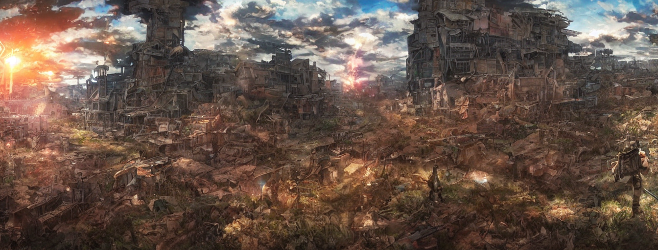 prompthunt: the beautiful, dreamy, wistful view of a battlefield after war  filled with blood. hyperrealistic anime background illustration by kim jung  gi, colorful, extremely detailed intricate linework, smooth, super sharp  focus, bright