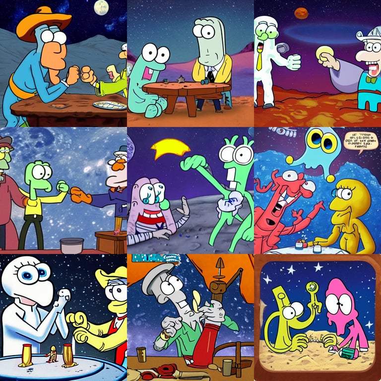 Squidward from Spongebob Squarepants arm wrestling with cowboys on the moon