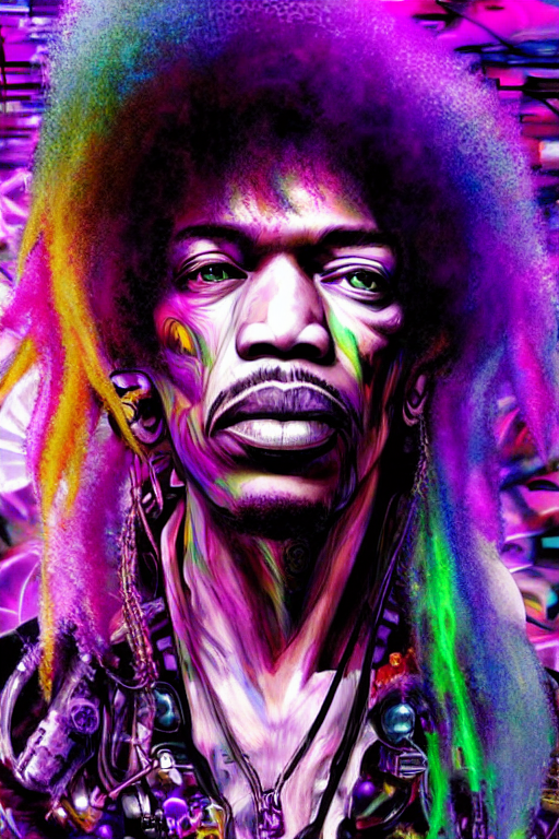 A Weirdcore Mesmerizing 8k hyperrealistic portrait of cyberpunk Jimi Hendrix with neon hair, floating in spirals of iridescent mycelum, surrounded by purple haze, by Ayami Kojima, Daytoner, Greg Tocchini, James Jean,Yoshitaka Amano