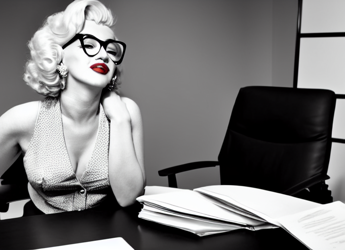 prompthunt: photo of Marilyn Monroe in a suit and glasses, reading a  document at a desk in an office. Highly detailed 8k. Intricate. Sony a7r iv  55mm. Award winning.