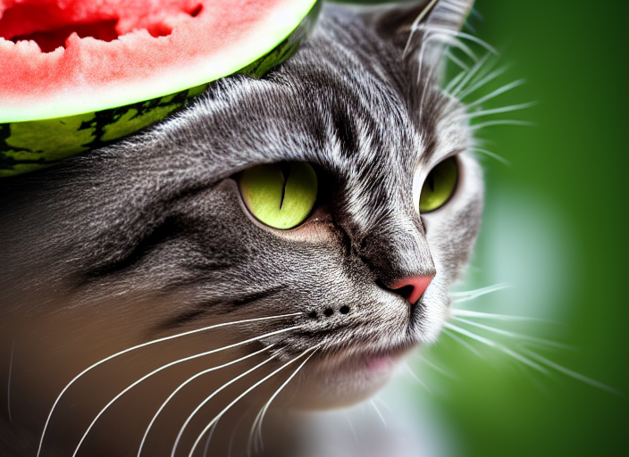 prompthunt: photo of a cat wearing a helmet made of a watermelon. fantasy  horror style. highly detailed 8 k. intricate. lifelike. soft light. nikon d  8 5 0 5 5 mm. dof. cinematic post - processing.