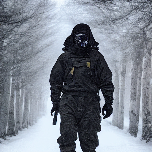 prompthunt: man wearing arctic clothing, hood, ski goggles, gas mask, and a  ballistic vest, in snow storm, apocalyptic.