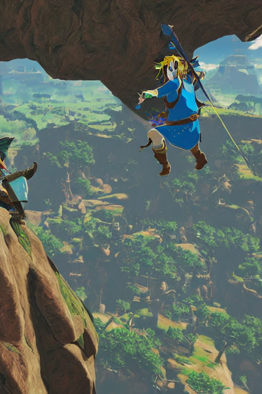 in game footage of link from the legend of zelda breath of the wild climbing using magnesis, breath of the wild art style.