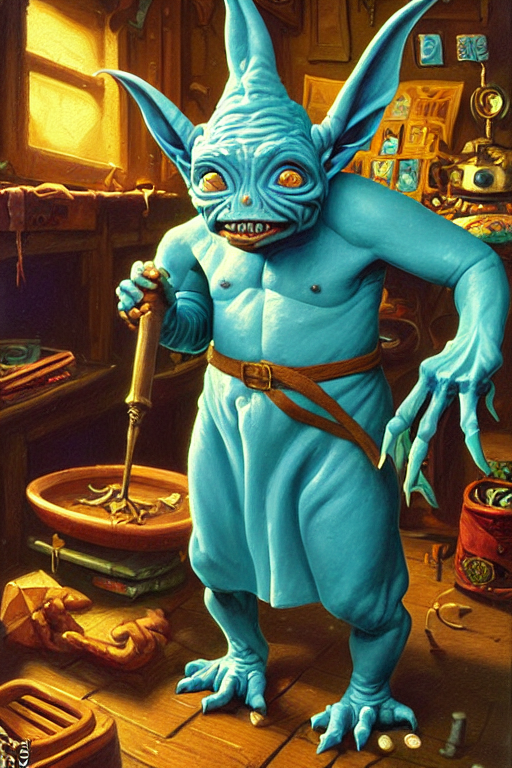 prompthunt classic oil painting, an adorable cyan goblin that is