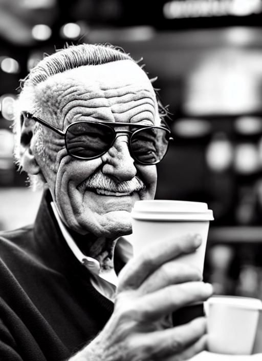 prompthunt: stan lee sitting inside a starbucks and taking a picture of his  drink cup with his iphone 1 2, black and white photo, real, photorealistic