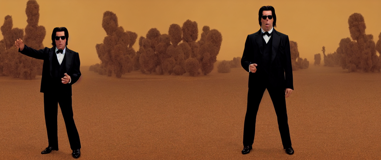 prompthunt: wes anderson award - john travolta as vincent vega suprised  gesture nobody there ghost town tumbleweed bushes on ground shrugging hand  at waist level. standing in black suit high noon golden