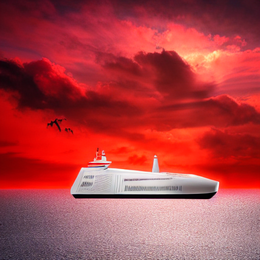 futuristic ship floating in a surreal red sky,