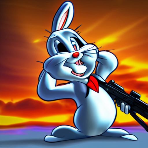 prompthunt Bugs bunny holding a machine gun as rambo, photorealistic, hyperrealistic action