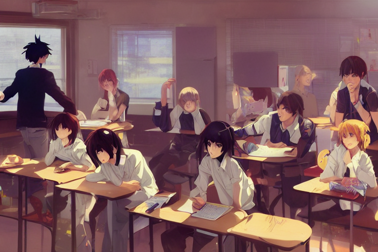 boy's love anime high school classroom scene spring, Stable Diffusion