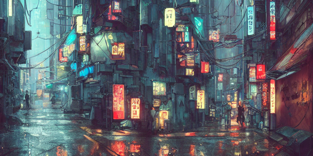 1024px x 512px - prompthunt: Cyberpunk back alley on a rainy day in Japan, low angle view,  detailed matte painting, cinematic, Moebius, Artstation