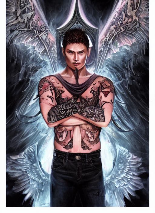 prompthunt: Dean Winchester as an angel with religious tattoos on chest and  neck, with glowing runes on the body, grimdark book cover style, D&D dark  fantasy style, sharp focus, ultra detailed, art