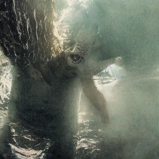 sea monster about to eat pov underwater, pale skin, dark yellowi 