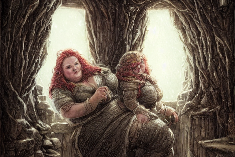 A nice chubby dwarven woman at her home looking through the window at a snowstorm outside, highly detailed face, complex redhead braided hair, realistic, beautiful, fantasy art, dungeons and dragons, lord of the rings, in the style of rebecca guay and greg hildebrandt, illustration, very cozy, fantasy, intricate, hyper detailed, artstation, concept art, smooth, sharp focus, ray tracing, vibrant