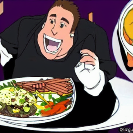 prompthunt: Alex Jones eating an entire feast by himself in an anime style.