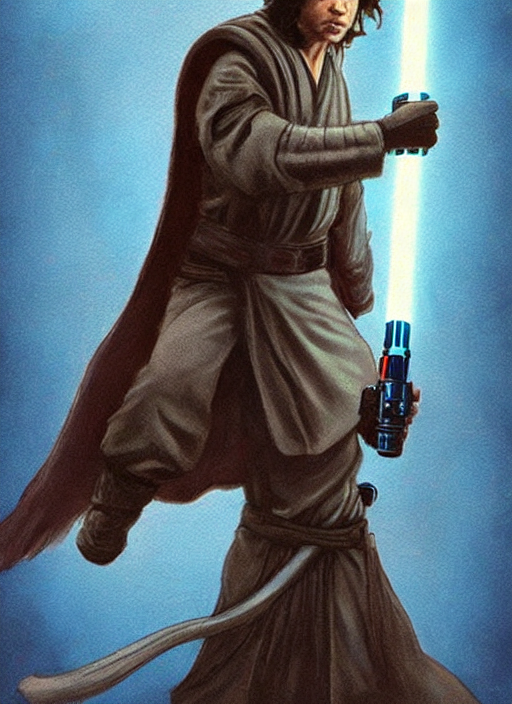 exar kun, jedi from star wars legends books, star wars portrait detailed and realistic art, white masculine man with long dark hair attached in a ponytail, double blade blue lightsaber!!