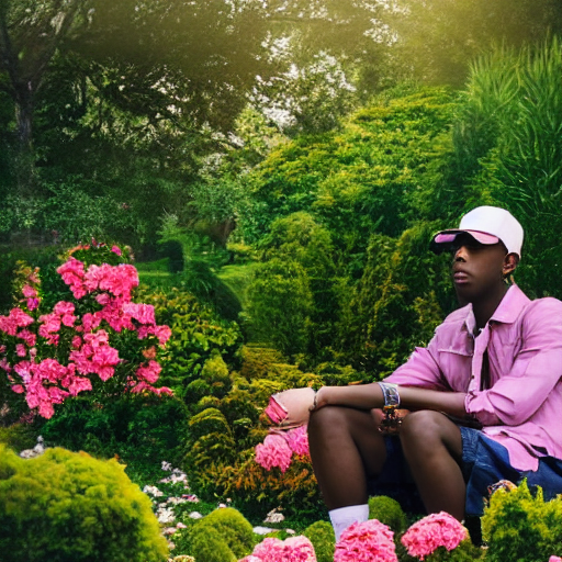 prompthunt: A photo of Tyler the Creator sitting in the middle of a garden,  8K concept art, dreamy, garden, bushes, flowers, golden hour, vintage  camera, detailed, UHD realistic faces, award winning photography