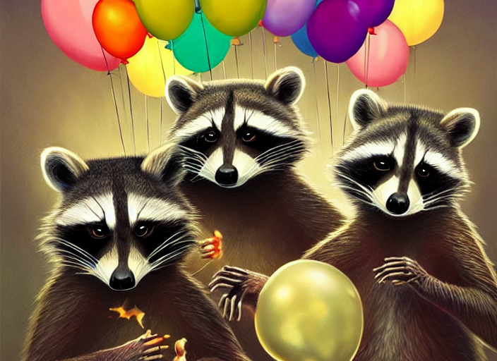 prompthunt: a raccoon party with balloons, celebrating, eating, extremely  happy raccoons, festival painting, overhead view, elegant intricate digital  painting artstation concept art by mark brooks and brad kunkle detailed