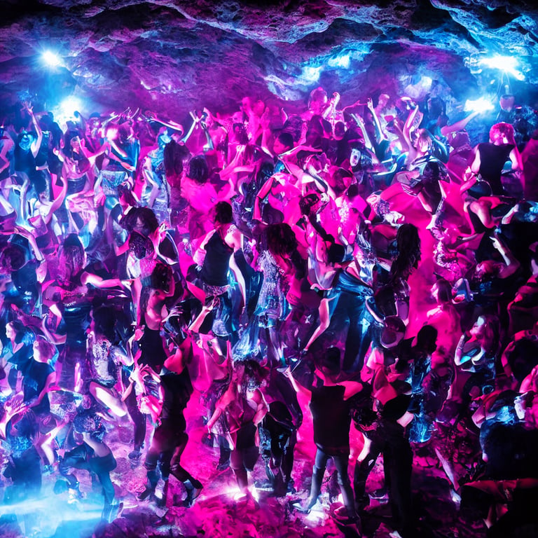 prompthunt: cinematic shot of a goth disco nightclub in a cave, knives made  of pink lasers and blue crystals forming the shape of a sphere, goth people  dancing, 8k photograph
