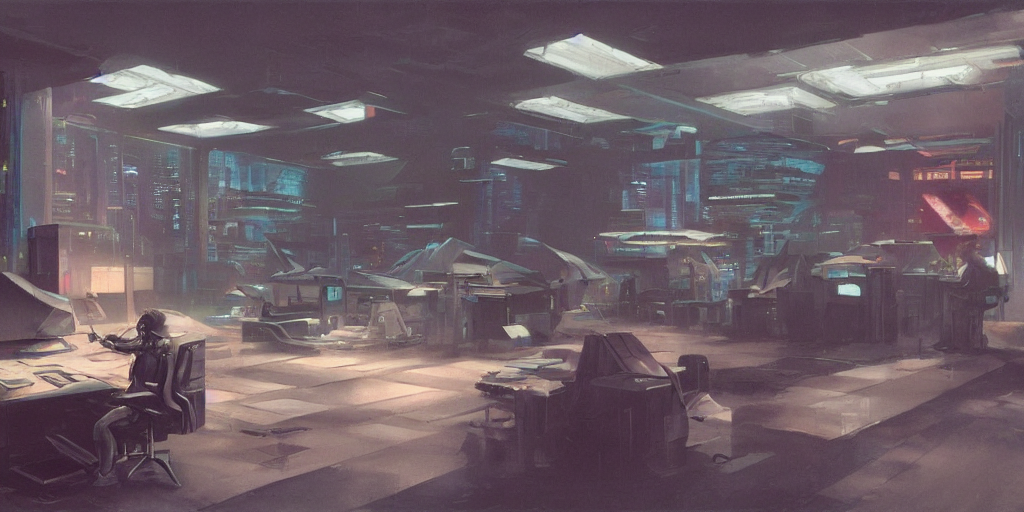 prompthunt: a dystopian cyberpunk office interior with huge holographic  displays everywhere, ralph maquarrie and syd mead cinematic matte painting,  4 k