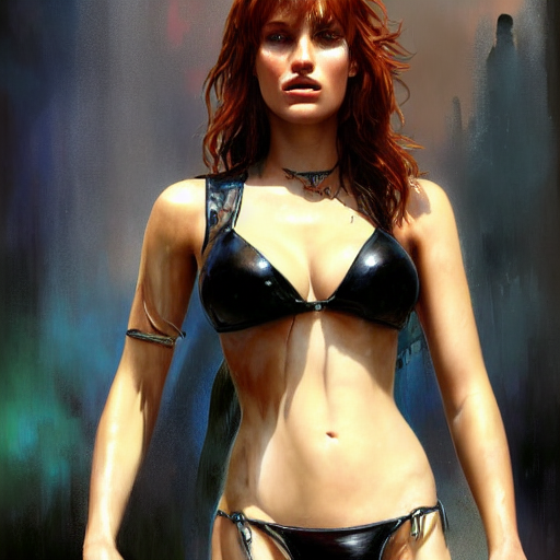 prompthunt: bella thorne wearing leather bikini, hyperrealistic full  figure, bladerunner street alley, art of elysium by frank frazetta and by  jeremy mann and by alphonse mucha, fantasy art, photo realistic, dynamic  lighting,