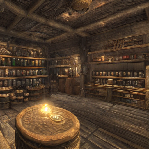 prompthunt Whiterun apothecary interior, potion shop interior, glowing
