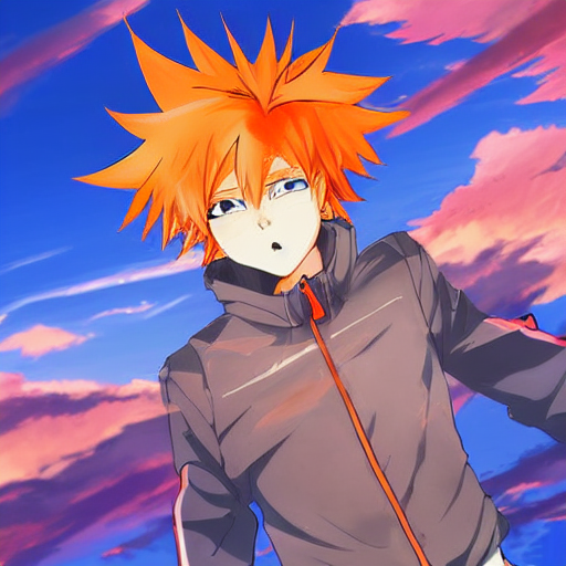 Prompthunt: Orange - Haired Anime Boy, 1 7 - Year - Old Anime Boy With Wild  Spiky Hair, Wearing Red Jacket, Flying Through Sky, Ultra - High Jump, Late  Evening, Blue Hour,