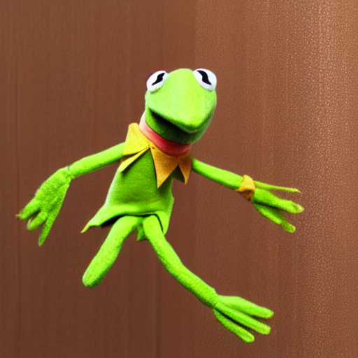kermit meme kermit the frog puppet swinging off a ceiling fan, highly detailed, photo realism, textured puppet, dslr