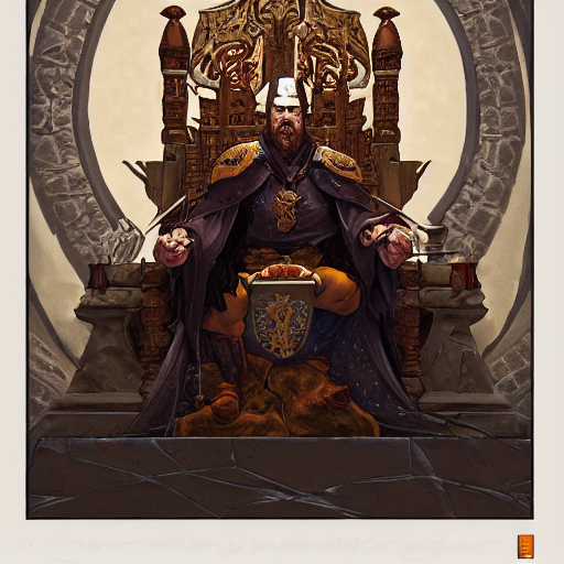 prompthunt painting of an old powerful medieval king driven mad, sitting in his throne room all
