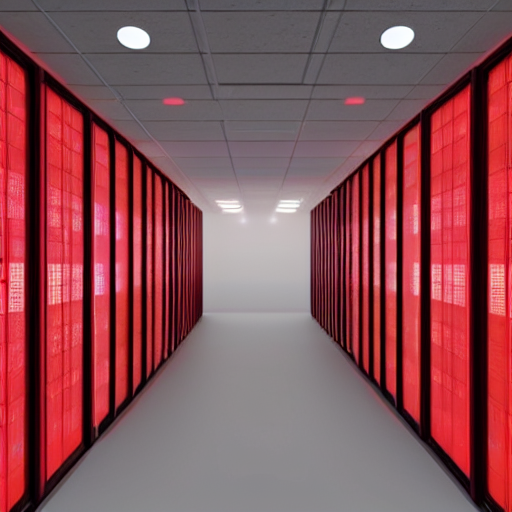 prompthunt server room with red ambient lights, realistic,