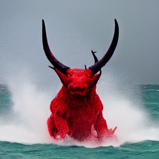 prompthunt: a devilish red monster with horns emerging from boiling rough  seas, photo by david lachapelle, s - 5 0