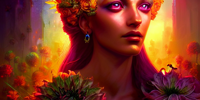 prompthunt: Beautiful 3d render of the flower queen goddess in a sensual  pose, atmospheric lighting, painted, intricate, volumetric lighting,  beautiful, rich deep colours masterpiece, sharp focus, ultra detailed, in  the style of