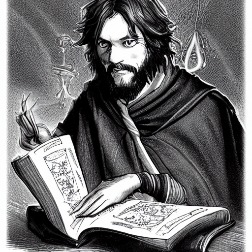 Young John Malkovich with short brown hair and brown beard in a cloak half-elf Divination Wizard studying a spellbook Pathfinder character art d&d character portrait