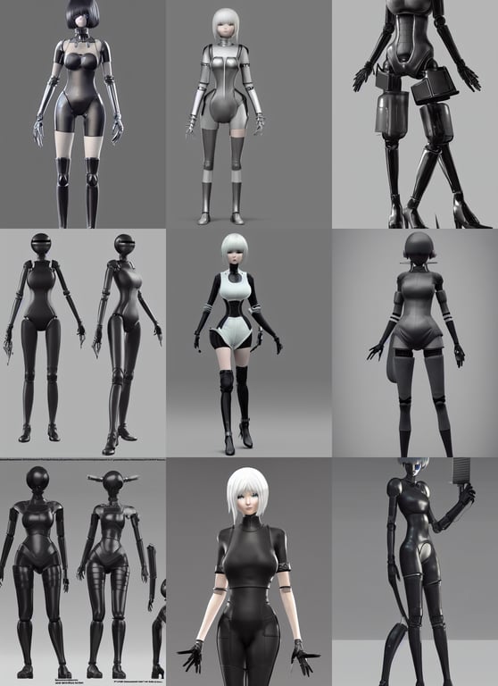 prompthunt: CAD render of a realistic android companion modeled after 2B  from Nier Automata and with slender feminine body type, solidworks, catia,  autodesk inventor, unreal engine, gynoid cad design inspired by Masamune