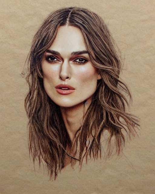 highly detailed portrait of keira knightley, drawn on kraft paper with red, black, and white chalk
