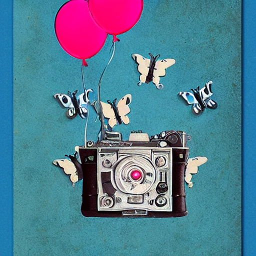 prompthunt: 7 0 mm movie camera and balloons with butterflies for strings,  happy birthday card by ray caesar on aged parchment