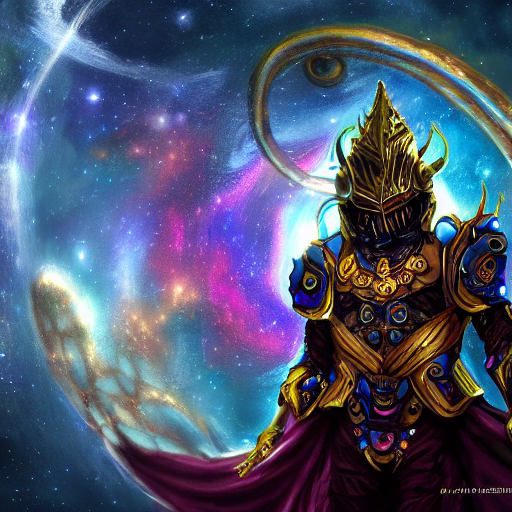 photorealistic fantasy cosmic concept art of a cosmic god with armor made out of planets and dark matter, hovering in a unknown galaxy, fully body portrait, cinematic, dynamic lighting, ultra detailed, creative, trending on art station, creative