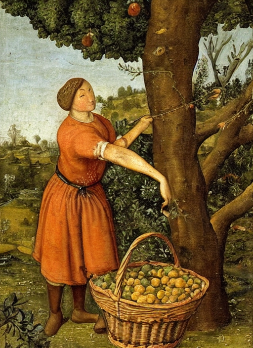 prompthunt: a 1 6 th century oil painting of a medieval peasant picking  fruit from a tree, holding a basket. high quality scan