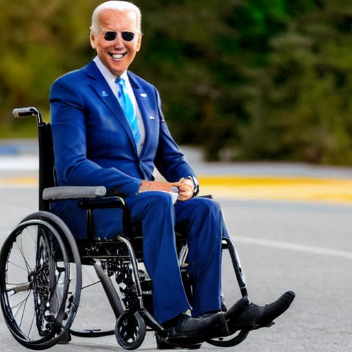 still image of joe biden sitting in a wheelchair that has a rocket booster attached to the back, turbo boosted wheelchair, 8 k photo