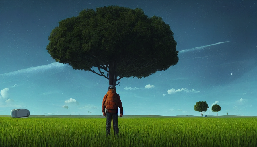 prompthunt: big black hexagon in the sky, no clouds, field with grass and  flowers, big tree, person, matte painting, art station, blue sky, simon  stalenhag