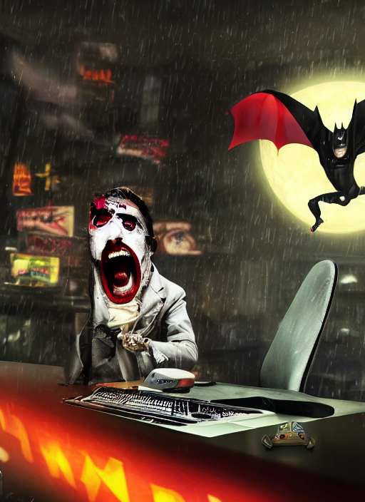 prompthunt: Rat with Joker face paint sitting on gamers chair on gaming  computer typing on keyboard, gaming, computer, gamers keyboard, looking  sad, crying in the dark and gloom, defeating Batman, realistic, digital