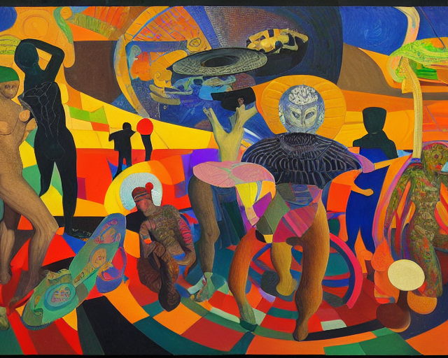 prompthunt: a beautiful masterpiece painting of people who dance around (  in a space techno ) and brain and mushroom and pills, oil painting by cuno  amiet, andrey remnev, frank stella, james