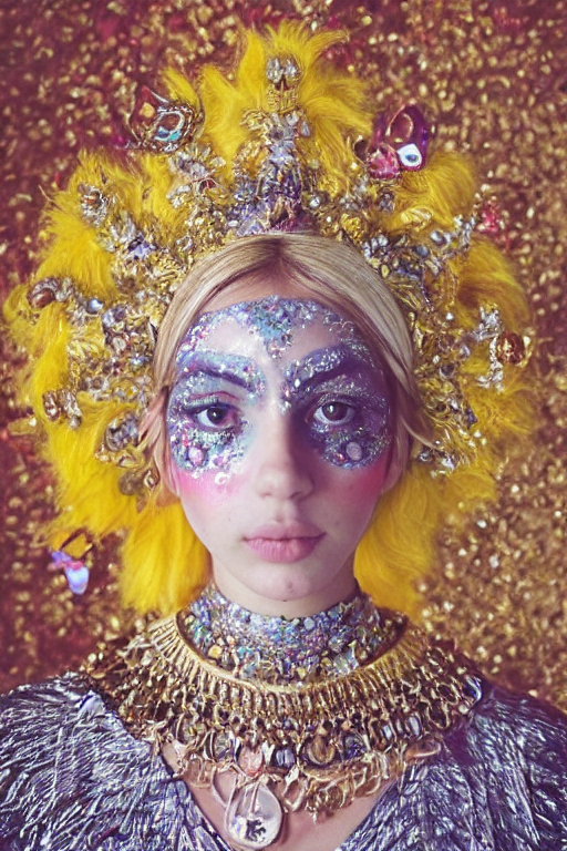 light bohemian pinterest sofia coppola floral fantasy fashion zine photography, teen magical girl girl styled in a yellow and silver patterned bright dress layers geometric festival face paint and ornate crystal chain jewelry headpiece, elaborate enchanted ritual scene, wide shot