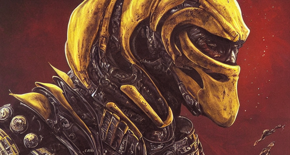 prompthunt: scorpion from mortal kombat, character portrait, portrait,  close up, concept art, intricate details, highly detailed, vintage sci - fi  poster, retro future, in the style of chris foss, rodger dean, moebius,