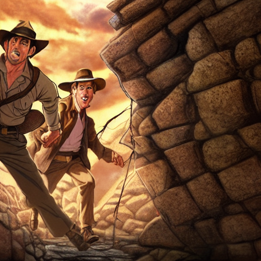 Indiana Jones being chased by a boulder trap underground, boulder chase, inside ancient stone temple background, Indiana Jones running away from big round stone, raiders of the lost ark, detailed background, anime key visual