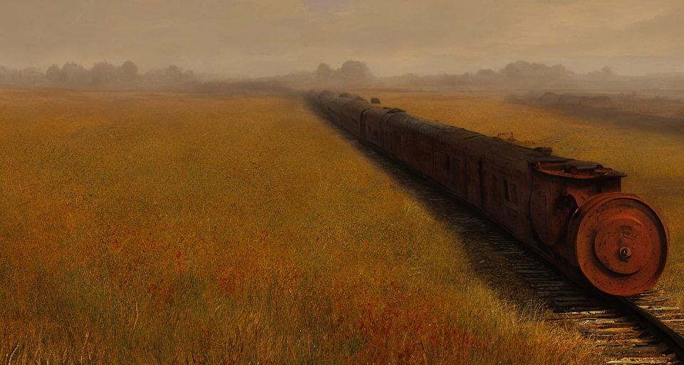 prompthunt: rusty old railroad, in the steppe, autumn field, misty  background, from the game pathologic 2, highly detailed, sharp focus, matte  painting, by isaac levitan and asher brown durand