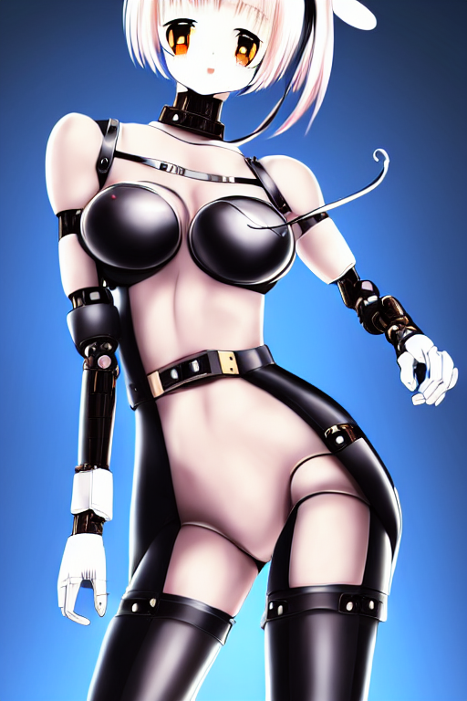 prompthunt: full body anime portrait of a cute, robotic, bunny suit leather  bodysuit, bra, velvet stockings, playboy, shoes, lace, android girl round  eyes long hair dressed in inside the cinematic stunning highly