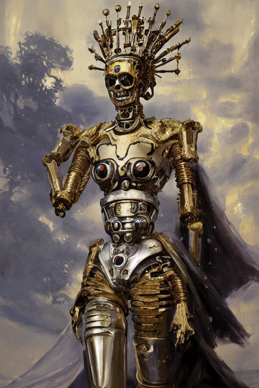prompthunt: beautiful expressive oil painting portrait of ancient robot god silver exoskeleton, with a scratched gold skull mask, japan iconography, art by zorn, wonderful masterpiece by greg rutkowski, beautiful cinematic