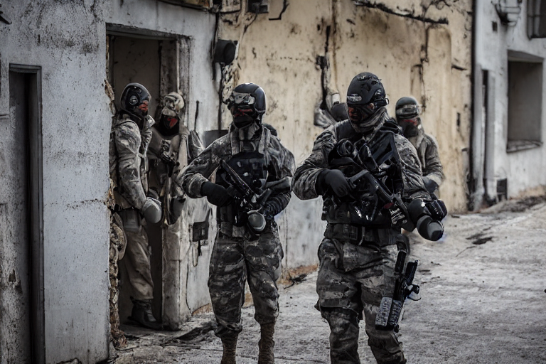 prompthunt: Mercenary Special Forces soldiers in grey uniforms with black  armored vest and black helmets in urban warfare in Russia 2022, Canon EOS  R3, f/1.4, ISO 200, 1/160s, 8K, RAW, unedited, symmetrical